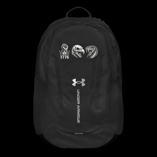1776 Rebellion embroidered backpack black — white stitch v6 (original size, velcro covered)